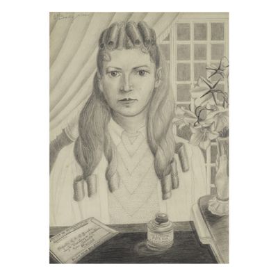pencil drawing of a girl sitting at a table with a jar of pills