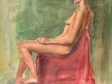 an oil painting of a woman sitting in a red chair
