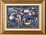 painting of a blue and red abstract painting in a gold frame