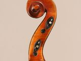 an antique violin with a scroll and a bow on a white background