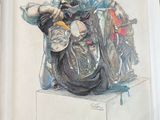 a drawing of a man sitting on a motorcycle