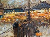 an oil painting of a group of people riding horses down a street