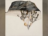a picture of a picture of a group of cats under an umbrella