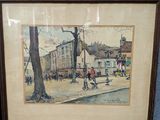 tableau encadré représentant une scène de rue avec des passants marchant dans la rue