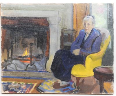 painting of a man sitting in a chair in front of a fire place