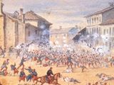 tableau représentant un grand groupe d'hommes à cheval sur la place d'une ville