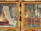 deux tableaux représentant une chambre à coucher avec un lit et une chaise