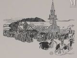 a black and white drawing of a crowd of people in front of a church