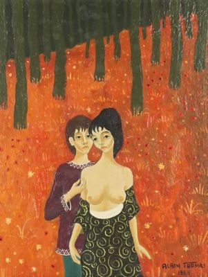 une peinture à l'huile représentant deux femmes dans un champ de fleurs