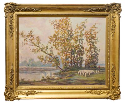 painting of cows grazing in a field by a river