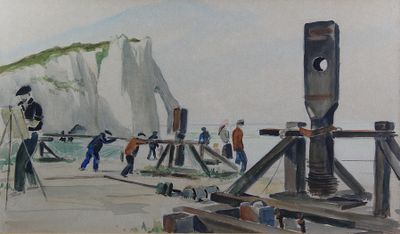 une peinture représentant un groupe de personnes sur la plage