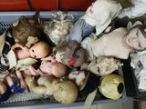 a lot of old dolls in a bin on the floor