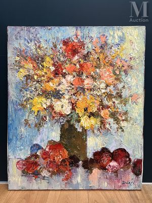 painting of a vase of flowers on a table with apples