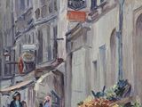 un tableau représentant une scène de rue avec des personnages et une calèche
