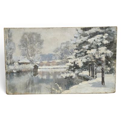 an image of a painting of a snowy landscape with trees