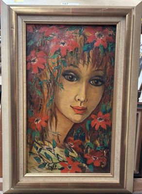 painting of a woman with flowers in her hair in a gold frame