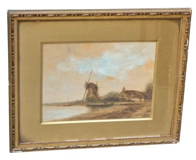 une image représentant un tableau d'un moulin à vent au bord d'un plan d'eau