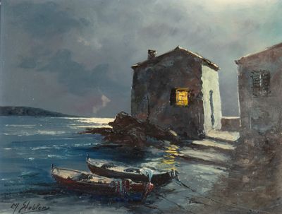 une peinture d'un bateau dans l'eau près d'un bâtiment