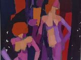 purple and orange painting of two women in front of a mirror