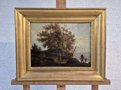une peinture à l'huile représentant un homme et un chien dans un décor boisé