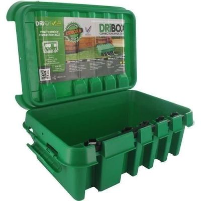 a green box filled with gardening tools on top of a white background