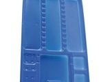 a close up of a blue plastic tray with compartments on it