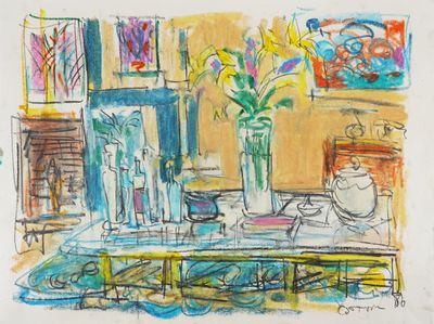 un dessin représentant une table sur laquelle se trouve un vase de fleurs