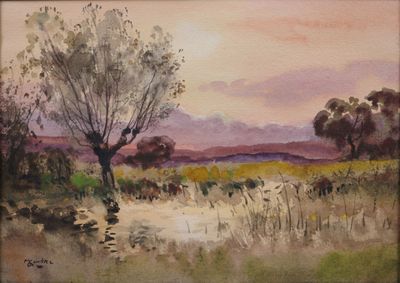 une aquarelle représentant un arbre dans un champ