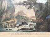 a picture of a painting of a river with people on it