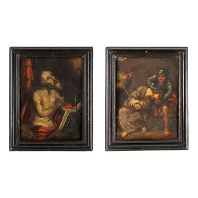 two framed paintings of a man with a sword and a woman with a book
