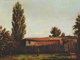 a painting of a man standing in front of a barn