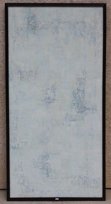 tableau accroché au mur d'une pièce, dans un cadre noir, représentant un tableau blanc et bleu