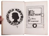 an open book with a drawing of a woman ' s profile on it