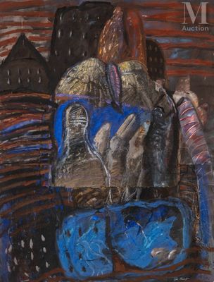l'image d'un tableau représentant un homme et une femme assis sur un canapé