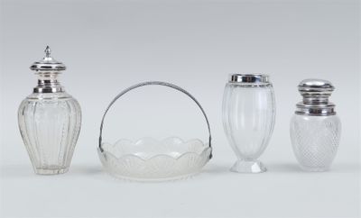 three glass salt and pepper shakers and a glass basket