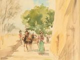 une aquarelle représentant des personnes à cheval dans la rue