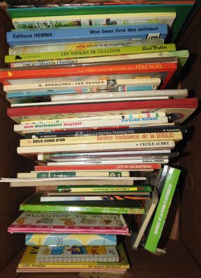de nombreux livres pour enfants dans une boîte en carton
