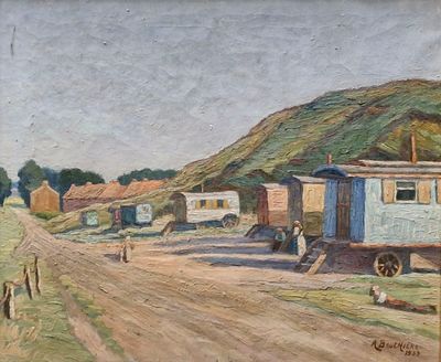 A. BAUTHIERE, "Les roulottes", huile sur toile, signée et da…