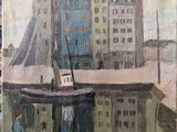 une peinture représentant un bateau dans l'eau à côté d'un bâtiment