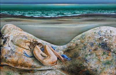 a painting of a woman laying on a rock on the beach