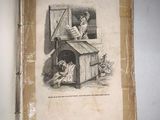 an old book with a picture of a man in a doghouse