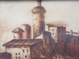 a picture of a painting of a building with a clock tower