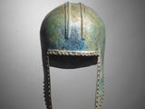 a close up of a helmet on a gray background