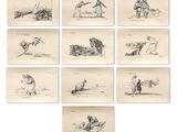 une série de six dessins représentant des hommes et des chiens dans diverses poses