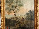 painting of a landscape with a man and a dog by a river