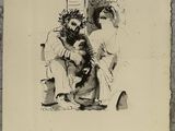 an old drawing of a man and a woman sitting on a bench