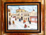 tableau représentant une rue enneigée avec des personnes et un chien