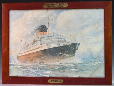 tableau représentant un grand bateau dans l'eau, avec une plaque au-dessus