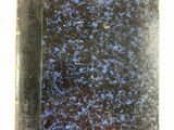 un vieux livre parsemé de taches bleues, posé sur une surface blanche