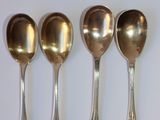 cinq cuillères en argent sont alignées sur une surface blanche